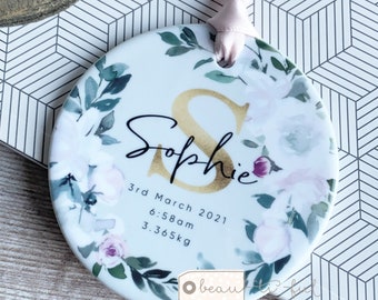 Personalised New Baby Boy Girl Newborn New arrival gift White pink floral Design Ceramic or Acrylic Round Ornament Keepsake