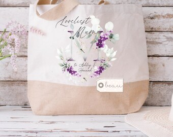 Personalised Loveliest Auntie Mum Grandma Nan Nanna Nanny Name and initial lavender Mother’s Day Birthday gift Tote Bag Jute Shopping bag