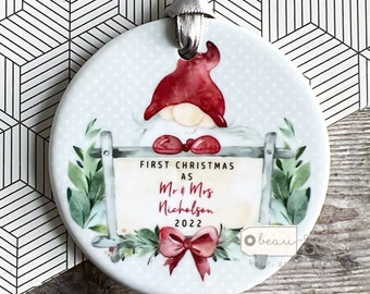 Personalised First Christmas Married Wedding gift as Mr Mrs Newlywed Santa Gnome Greenery Design Ceramic or Acrylic Round Ornament Keepsake