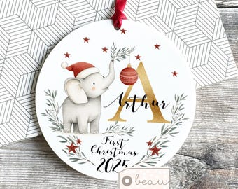 Personalised Baby Babies Baby’s First Christmas Gift Newborn Elephant Santa hat Scene Design First Bauble Ornament Keepsake New Baby