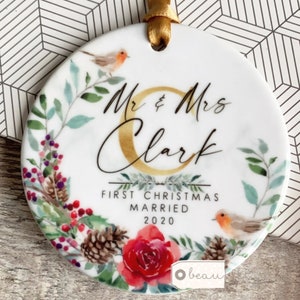 Personalised First Christmas Married Wedding gift Mr Mrs Newlywed Robin Greenery Design Ceramic or Acrylic Round Ornament Keepsake