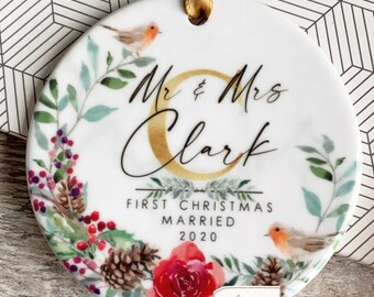 Personalised First Christmas Married Wedding gift Mr Mrs Newlywed Robin Greenery Design Ceramic or Acrylic Round Ornament Keepsake