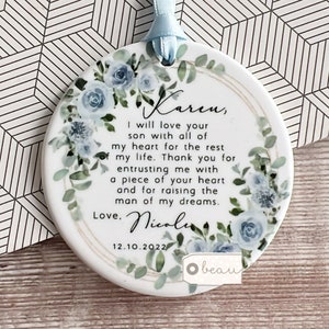 Personalised Mother of Groom Bride Thank you Bride Groom Pale blue floral Greenery Ceramic or acrylic Decoration Ornament Wedding Keepsake