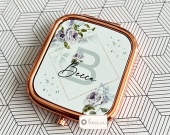Personalised Gift Friend Wife Sister Auntie Mum Gift for her Lilac Roses floral Greenery Square Rose Gold Compact Pocket Mirror Keepsake