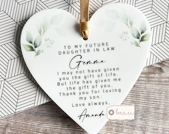 Personalised Future Wonderful Daughter in law gift Wedding gift Foliage Greenery Wreath Acrylic Heart Decoration Ornament Keepsake