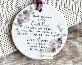Personalised Christening gift God bless you Niece Nephew Grandchild Baptism Baby Boy Girl Greenery Ceramic or acrylic Ornament Keepsake