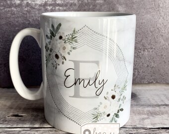 Personalised Name and initial Geometric Eucalyptus Greenery Ceramic Mug - Tea mug - coffee Mug - Gift mug