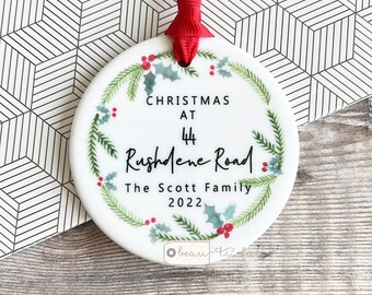 Personalised Christmas at Address New Home Botanical Greenery Wreath Design Ceramic or acrylic Round Ornament Keepsake