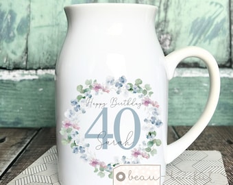 Personalised Birthday gift Special Birthday Milestone 21 30 40 50 60 70 Any age gift Wildflower Floral Ceramic Small Vase Jug Mug gift