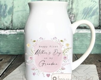 Personalised First 1st Mother’s Day gift Mum Nanna Nanny Grandma Gran Gift Floral Ceramic Small Vase Jug Mug Birthday gift Easter