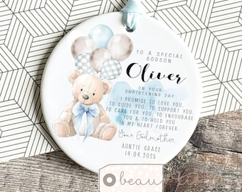 Personalised Promise to Godchild Christening Baptism Gift Baby Godson Grandson Nephew Boy Teddy Bear Balloon Star Hanging Ornament Keepsake