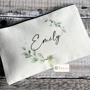 Personalisierte Name Laub Greenery Design Leinen Stil Stoff Make-up Tasche Geburtstagsgeschenk für ihre Mutter Schwester Freundin