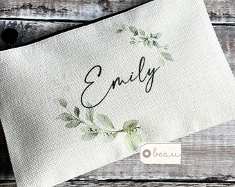 Personalised Name Foliage Greenery Design Linen style Fabric Make up Bag Birthday gift for her mum sister friend