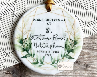 Personalised First Christmas gift, Christmas ornament 1st Christmas at Address New Home Greenery Ceramic or acrylic bauble Ornament Keepsake