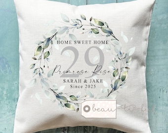 Personalised New Home Sweet Home Address New Home Housewarming Botanical Greenery Design Home Quote Linen Style Cushion New home gift
