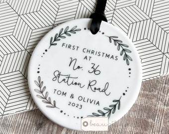Personalised First Christmas at Address in New Home House New home gift Design Acrylic or Ceramic Round Ornament Keepsake