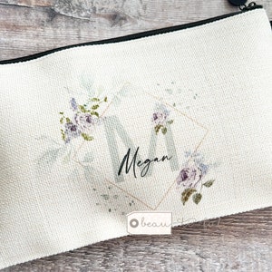 Personalised Name and initial lilac roses Floral Design Linen style Fabric Make up Bag Birthday gift for her mum sister friend