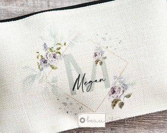 Personalised Name and initial lilac roses Floral Design Linen style Fabric Make up Bag Birthday gift for her mum sister friend