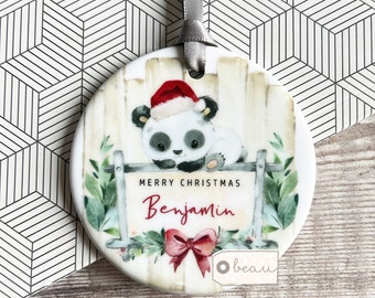 Personalised Merry Christmas Panda Santa hat Signpost Design Acrylic or ceramic Round Ornament Keepsake Tree Decoration Child boy girl gift