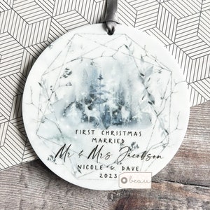 Personalised First Christmas Married Wedding gift Mr Mrs Newlywed Christmas Deer scene design Ceramic or Acrylic Round Ornament Keepsake