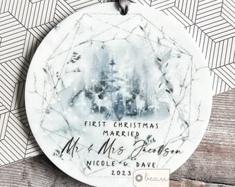 Personalised First Christmas Married Wedding gift Mr Mrs Newlywed Christmas Deer scene design Ceramic or Acrylic Round Ornament Keepsake