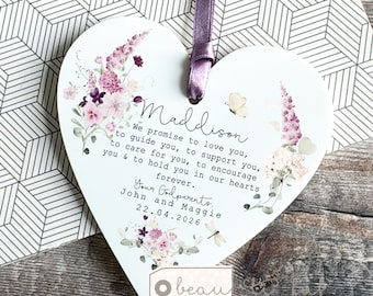 Personalised Promise to Godchild Christening Baptism Gift Godparents Godmother Godson Goddaughter Floral Heart Ornament Keepsake Auntie