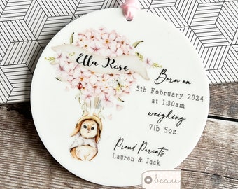 Personalised New Baby Gift Girl Boy Newborn Woodland Rabbit Design Ceramic or Acrylic Round Ornament Keepsake Goddaughter Granddaughter