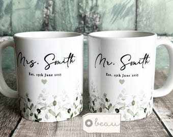 Personalised Wedding gift Mr & Mrs Bride Groom Just Married Gift Mug Greenery Wreath Gift set Ceramic Mug Tea mug coffee Mug Gift mug