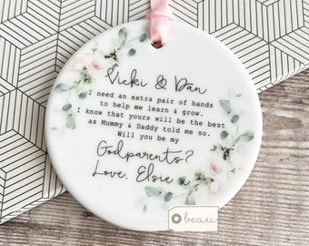 Personalised Will you be my Godmother Godfather Godparents Proposal Christening Baptism Pink bouquet Greenery Ceramic or acrylic Keepsake