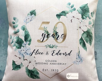 Personalised Wedding anniversary 25th 50th 1st 40th 10th Home Blue floral Eucalyptus Design Home Quote Linen Style Cushion cover