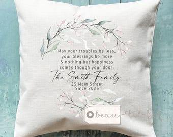 Personalised New Home Sweet Home Address New Home Housewarming Botanical Greenery Design Home Quote Linen Style Cushion New home gift