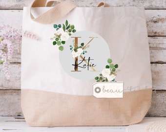 Personalised Name and initial wildflower Floral Birthday gift Tote Bag Jute Shopping bag