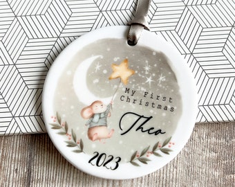 Personalised Baby Babies Baby’s First Christmas Gift Boy Newborn Mouse Moon Stars Scene Design Ceramic Round Ornament Keepsake