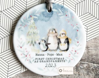 Personalised 1st First Christmas as Grandparents Auntie Uncle Grandma Nanny Baby Penguin Design Acrylic Or ceramic Ornament Keepsake