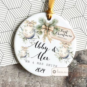 Personalised First Christmas Married Wedding gift Mr Mrs Newlywed Botanical Greenery Design Ceramic or Acrylic Round Ornament Keepsake