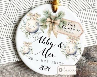 Personalised First Christmas Married Wedding gift Mr Mrs Newlywed Botanical Greenery Design Ceramic or Acrylic Round Ornament Keepsake