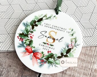 Personalised First Christmas as Grandparents Gran Grandma Nanna New Baby Bow wreath Design Ceramic or Acrylic Round Ornament Keepsake