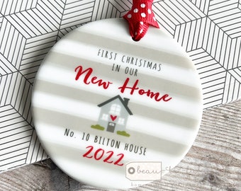 Personalised First Christmas at Address New Home Heart House Design Ceramic Round Ornament Keepsake