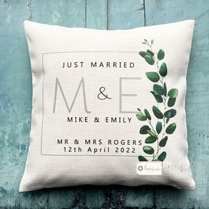 Personalised Names Married Mr Mrs Home Quote Eucalyptus Foliage Design Home Quote Linen Style Cushion cover