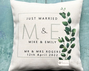 Personalised Names Married Mr Mrs Home Quote Eucalyptus Foliage Design Home Quote Linen Style Cushion cover