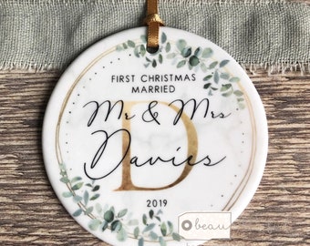 Personalised First Christmas Married Mr Mrs Newlywed Botanical Greenery Design Ceramic or Acrylic Round Ornament Keepsake