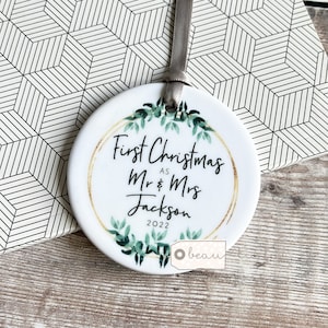 Personalised First Christmas As Mr Mrs Married Wedding gift Newlywed Botanical Greenery Design Ceramic or Acrylic Round Ornament Keepsake