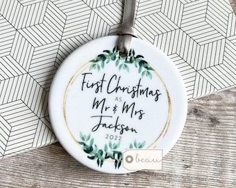 Personalised First Christmas As Mr Mrs Married Wedding gift Newlywed Botanical Greenery Design Ceramic or Acrylic Round Ornament Keepsake