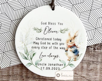 Personalised Christening Baptism Gift Goddaughter Godparent Godchild Godmother Godson Rabbit greenery Ceramic or acrylic Ornament Keepsake