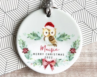 Personalised Merry Christmas Woodland Owl Santa hat Signpost Acrylic or ceramic Round Ornament Keepsake Tree Decoration Child boy girl gift