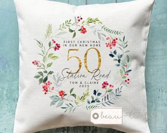 Personalised First Christmas New Home Gift Housewarming New house gift Greenery Wreath Home Quote Linen Style Cushion