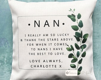 Personalised I really am so lucky… Mother’s day gift Mum Grandma Nanny Nan Granny Mom Gift Home Greenery Foliage Quote Linen Style Cushion