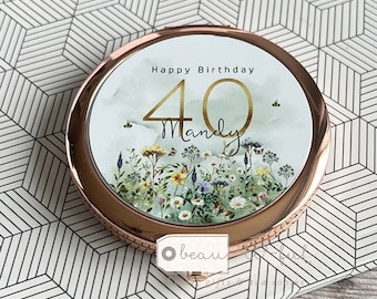 Personalised Happy Birthday gift Age 16 18 21 30 40 50 60 70 80 Meadow Flowers Round Rose Gold Compact Pocket Mirror Keepsake Gift