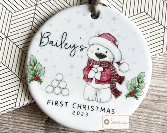 Personalised 1st First Christmas Gift Tree decoration polar bear Santa hat Acrylic or ceramic Round Ornament Keepsake Tree Decoration gift