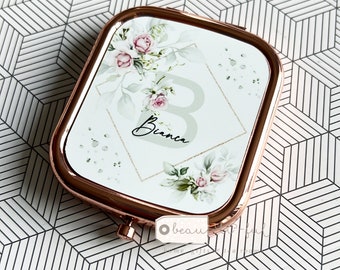 Personalised Name and Initial.. Pink roses Greenery Square Rose Gold Compact Pocket Mirror Keepsake